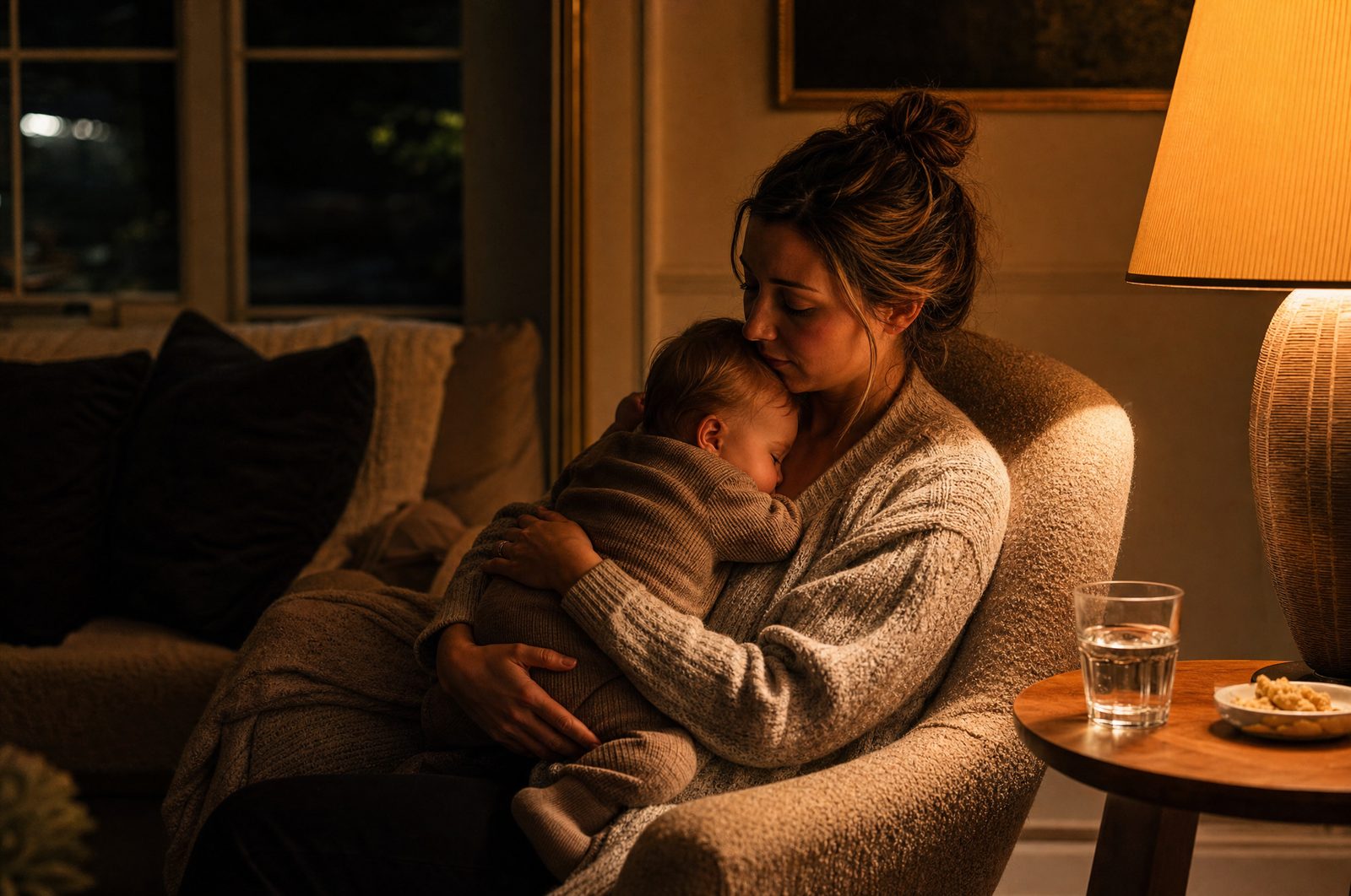 Mother holding her sleeping baby close in the evening light, both finally at rest